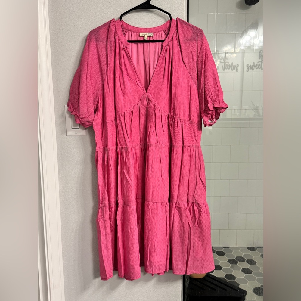 Mystree Vibrant Hot Pink V-Neck Tiered Midi Dress